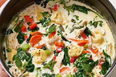 This soup really has it all. Creamy Chicken Tortellini Soup, Frozen Tortellini, Creamy Chicken Tortellini, Slow Cooker Corn Chowder, Supper Tonight, Creamy Soup Recipes, Chicken Tortellini Soup, Chicken Stroganoff, Chicken Tortellini