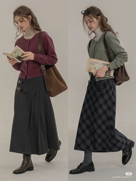 Winter Outfits Aesthetic Skirt, Nerdy Aesthetic Outfits, Layering With Dresses, Science Museum Outfit, Aesthetic Rainy Day Outfit, Officecore Fashion, Long Skirt Winter Outfit, Long Skirt Outfits Winter, Artist Outfit Style