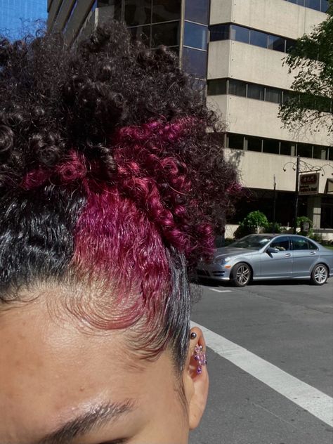 Black With Red Skunk Stripe, Curly Hair Skunk Stripe, Burgundy Skunk Stripe, Skunk Stripe Natural Hair, Bday Hair, Skunk Stripe, Hair Inspo, Curly Hair, Natural Hair