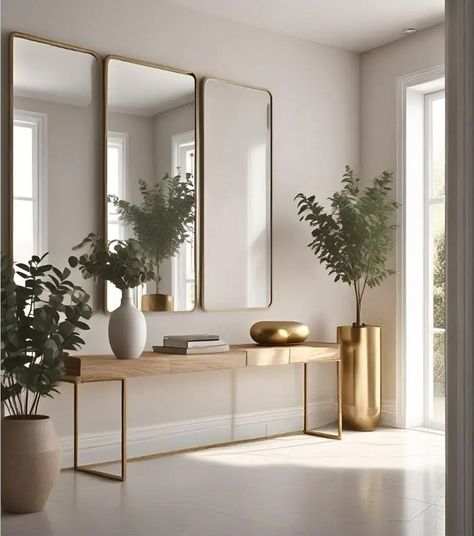 Hallway Console Mirror, Mirrors Above Console Table, Lounge Mirror Ideas, Wall Of Mirrors Ideas, Glam Entryway Ideas, Entrance Hall Mirror, Luxury Entrance Design, Long Hallway Decorating, Entryway Mirror Ideas