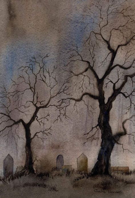 Graveyard Watercolor Painting, Spooky Tree Painting, Spooky Forest Painting, Dark Paintings Creepy Easy, Graveyard Nails, Graveyard Painting, Graveyard Drawing, Dark Americana, Spooky Watercolor