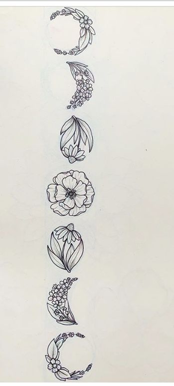 Moon Phases With Flowers, Floral Phases Of The Moon Tattoo, Boho Witchy Tattoos, Sunflower Moon Tattoo Design, Cosmic Floral Tattoo, Floral Moon Phases Tattoo Spine, Moon Phase Flower Tattoo, Moon Phase Floral Tattoo, Moon Phase With Flowers Tattoo