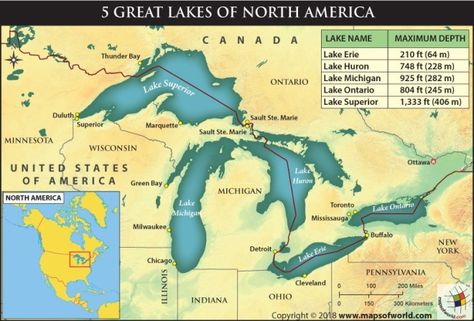 How deep are the 5 Great Lakes of North America? Lakes Canada, Great Lakes Map, Chicago Lake, Lake Names, Canada Map, North America Map, Vintage Michigan, Lake Map, Lake Living