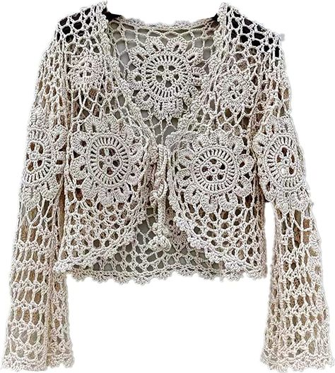 Tie Front Bolero Shrug Floral Crochet Cropped Cardigan Womens Boho Long Sleeve Crop Top for Dresses (Beige, Small-Medium) at Amazon Women’s Clothing store Tie Front Bolero, Crochet Cropped Cardigan, Dresses Beige, Crochet Outfit, Thrift Inspo, Bolero Cardigan, Bolero Shrug, Crochet Bolero, Crochet Shrug