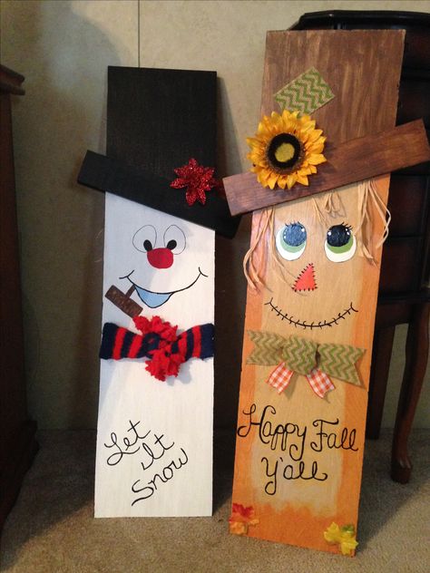 My reversible Scarecrow/Snowman Diy Ladybug, Snowman Diy, Fall Wood Crafts, Fence Boards, Pallet Christmas, Pallet Crafts, Christmas Wood Crafts, Fall Diy, Christmas Wood