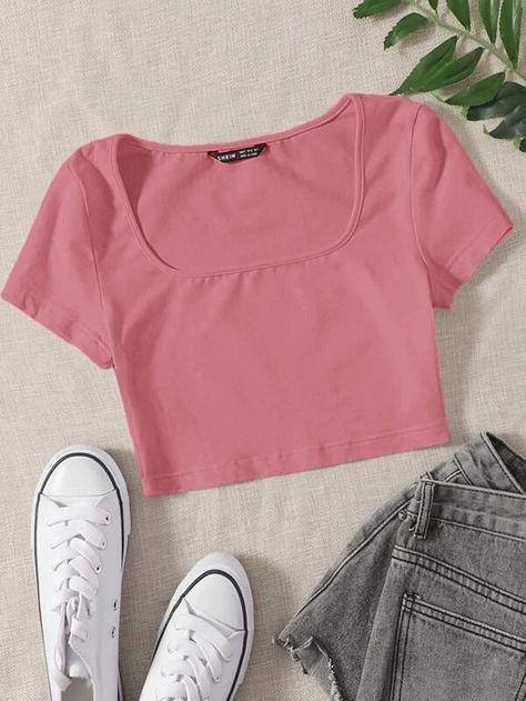 Blusas Crop Top, Light Pink Crop Top, Shein Basics, Light Pink Shirt, Hot Pink Tops, Image Chat, Casual Cap, Crop Top Tees, Pink Crop Top