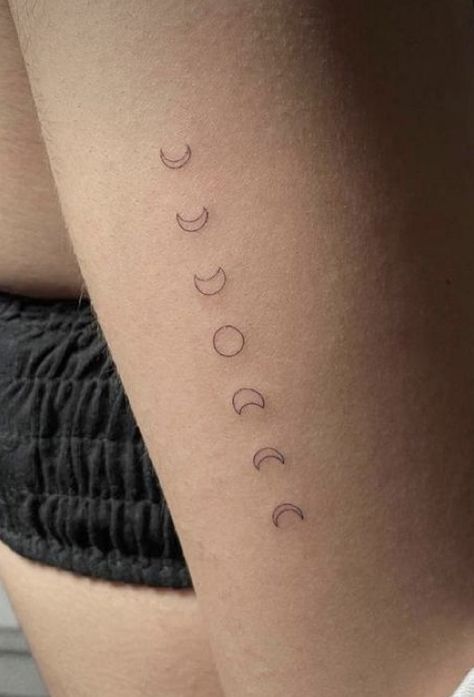 Minimalist Tattoo Moon Phases, Moon Phases Tattoo Spine Simple, Moon Phases Fine Line Tattoo, Moon Phases Tattoo Minimalist, Moon Phases Tattoo Simple, Tattoo Ideas Astronomy, Moon Fazes Tattoos, Fine Line Moon Phase Tattoo, Moon Tiny Tattoo