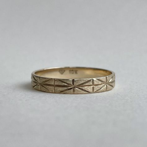 Handcrafted to order using ethically sourced 10kt yellow gold, this engagement ring features a unique geometric design. The band is 4mm wide and 1mm thick, and available in a range of sizes. Each band is individually crafted, giving it a special human touch. This ring is perfect for men looking for unique wedding bands that are eco-friendly and sustainable, as it is made using recycled gold. Please allow 1-2 weeks for me to handcraft your ring before shipment. Shipping takes 5-10 business days f Golden Engagement Ring Men, Male Ring Design For Men, Men’s Gold Wedding Band Unique, Male Engagement Rings, Mens Yellow Gold Wedding Bands Unique, Men’s Engagement Ring, Man Engagement Ring, Mens Wedding Ring Gold And Wood, Masculine Engagement Rings