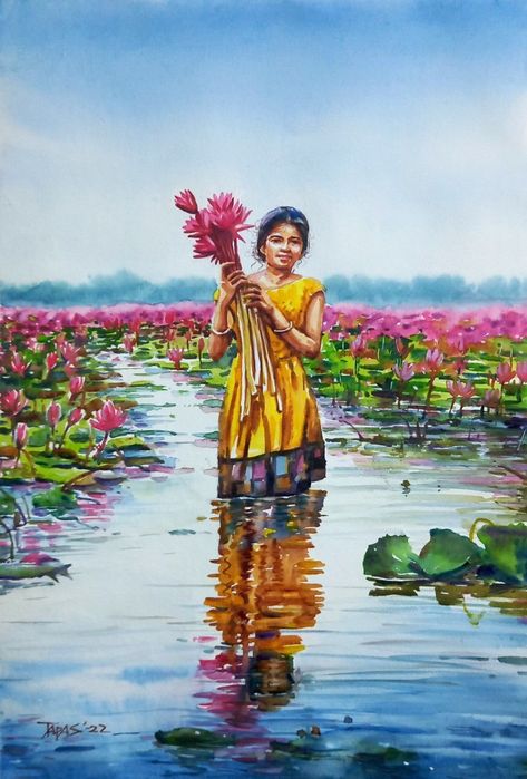 Scenery Painting With Human, Water Colour Human Paintings, Picture Composition Painting, Watercolor Art Village, Water Colour Drawing Scenery, Kerala Watercolor Paintings, Watercolor Paintings Scenery Beautiful, Water Colour Senary Painting, Water Colour Landscape Paintings