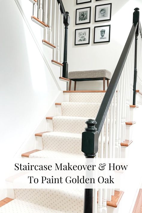 How to transformed an outdated golden oak staircase into a stunning focal Discover how to achieve a beautiful makeover for your stairs and give your home a modern and stylish upgrade. Stairs Painted White, Refinish Staircase, Black Trim Interior, Oak Banister, Oak Staircase, Stairs Renovation, Oak Stairs, Oak Trim, Staircase Remodel