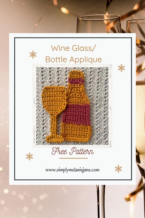 Celebrate the New Year or any day of the week for that matter with this cute wine bottle and glass applique. Having a party? Whip up these and add them to a tablerunner or placemats. #crochet applique #crochetwineglass #crochetwinebottle #crochethomedecor Wine Bootle, Cute Wine Bottle, Glass Applique, Placemats Crochet, Wine Glass And Bottle, Wine Glass Tattoo, Crochet Wine, Crochet Applique Patterns Free, Crochet Keychain Pattern