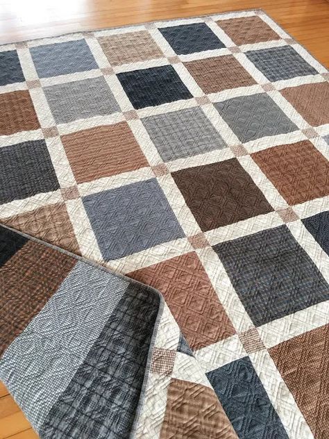 A flannel quilt for the graduate! – Carried Away Quilting Woolies Flannel Quilt Patterns, Masculine Quilt Patterns Men Simple, Quilt Pattern For Men, Flannel Quilts Patterns, Memory Quilts From Clothes Men, Quilts For Men, Mens Quilts, Graduation Quilts, Repurposed Shirts