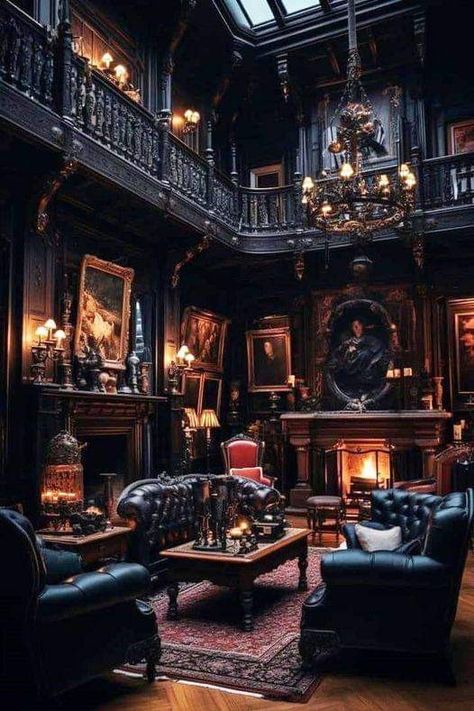 Goth Mansion Interior, Gothic Man Cave, Gothic Mansion Bedroom, Gothic Room Design, Dark Fantasy Places, Castle Interior Aesthetic, Fantasy Castle Interior, Steampunk Living Room, Fantasy Office