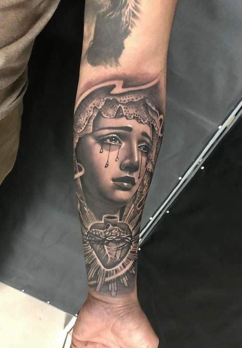 Virgin Mary Tattoo Forearm, Forearm Tattoo Women Sleeve, Weeping Mary, Mexican Style Tattoos, Aztec Tattoo Mexican, Front Thigh Tattoos, Realism Reference, Jesus Tattoo Design, Patch Sleeve