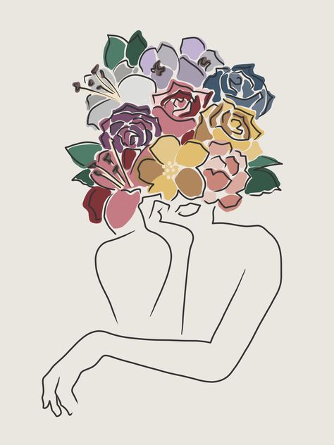 Flower Head Art Painting, Lady With Flowers Painting, Human Flower Art, Head Of Flowers Art, Flowers Growing Out Of Head Drawing, Portrait With Flowers Drawing, Head With Flowers Drawing, Flowers Coming Out Of Head Drawing, Face Flowers Drawing