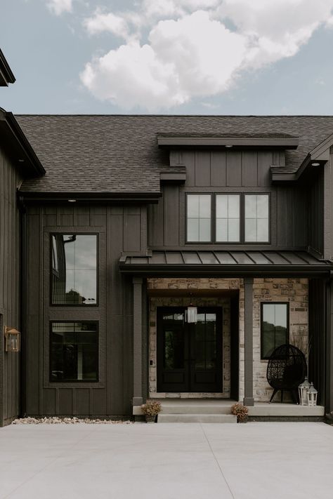 front elevation, moody front elevation Brown Black House Exterior, Dark Brown House With Black Trim, Dark Brown Siding Exterior, Dark Brown House Exterior, Moody Exterior House Colors, Dark Brown House, Brown Brick House Exterior, Black Exterior Paint, Brown House Exterior