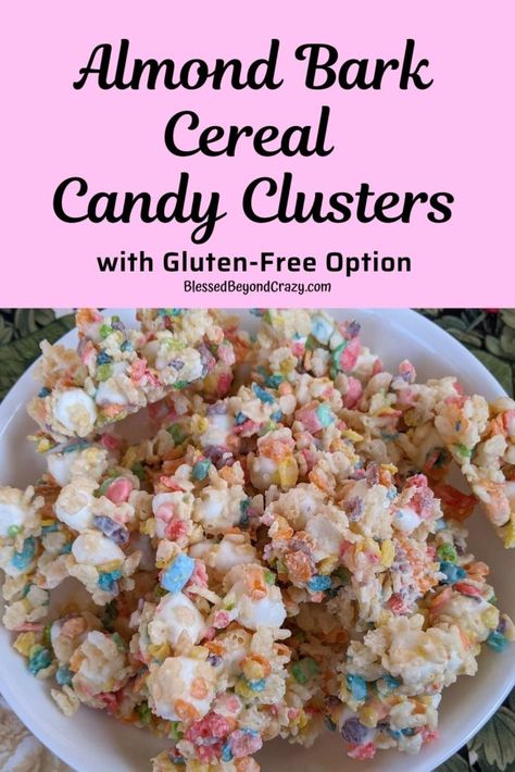 Almond Bark Cereal Candy Clusters require only four ingredients, are ready in 30 minutes or less, and are extremely easy to make gluten-free. #candy #glutenfree #holidays #parties #food #recipes #blessedbeyondcrazy Almond Bark Drop Cookies, Candy Clusters, Captain Crunch Cereal, Almond Bark Recipes, Rice Krispies Recipe, Gluten Free Marshmallows, Captain Crunch, Parties Food, Gluten Free Brands