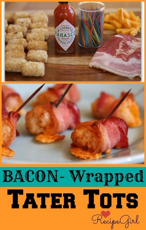 Bacon Wrapped Tater Tots recipe from RecipeGirl.com #bacon #wrapped #baconwrapped #tater #tots #appetizer #recipe #RecipeGirl Bacon Wrapped Tater Tots, Tater Tot Recipes, Cheese Wrap, Tater Tots, Man Food, Think Food, Super Bowl Food, Easy Appetizer Recipes, Bacon Cheese