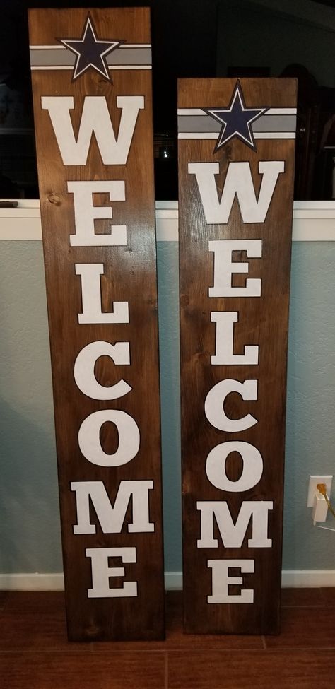 Dallas Cowboys Welcome sign!! Diy Cowboys Decor, Dallas Cowboys Front Porch Sign, Cowboys Porch Sign, Dallas Cowboy Diy Gifts, Dallas Cowboy Door Sign, Sports Welcome Sign, Dallas Cowboys Signs Wood, Cowboys Welcome Sign, Dallas Cowboys Welcome Sign