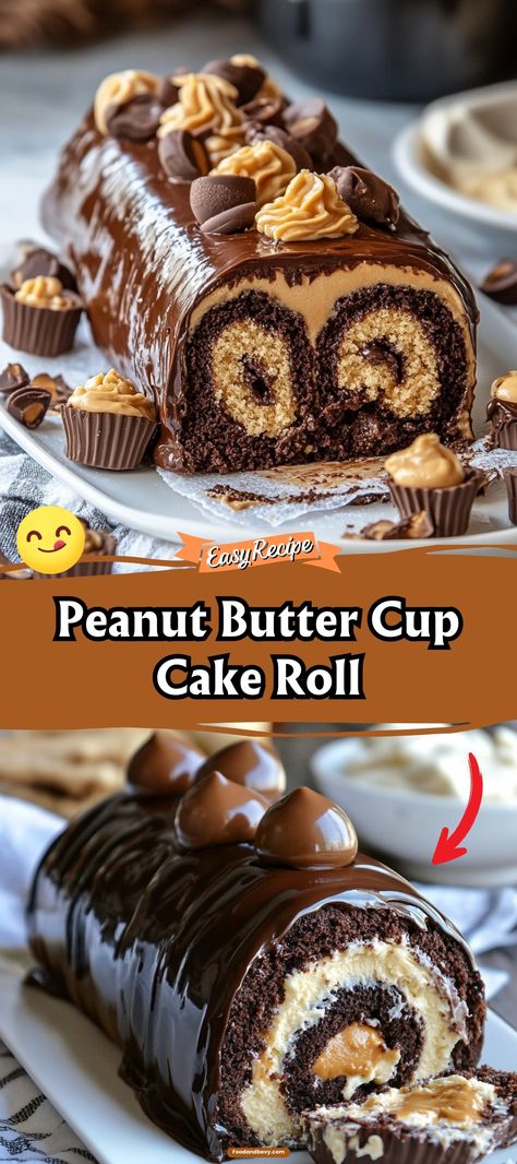 Delight in this impressive Peanut Butter Cup Cake Roll. A soft chocolate sponge cake is filled with a luscious peanut butter cream and sprinkled with peanut butter cup pieces. It's a show-stopping dessert that's surprisingly easy to make! #CakeRoll #PeanutButterCup #DessertHeaven Reeses Peanut Butter Cup Roll Cake, Peanut Butter Lava Cake, Strawberry Bread Recipes, Chocolate Roll Cake, Reese's Peanut Butter Cup, Roll Cakes, Chicken Cake, Butter Roll, Cake Rolls