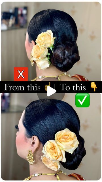 Setting of ROSE 🌹 flowers in Bridal bun…  Follow us @goldyhunjanmakeupstudio | Instagram Festival Hair Braids, Rose Bun, Flower Bun, Half Up Wedding Hair, Curly Braids, Bridal Bun, Hair Bun Tutorial, Hair Tutorials Easy, Wedding Hairstyles Half Up Half Down