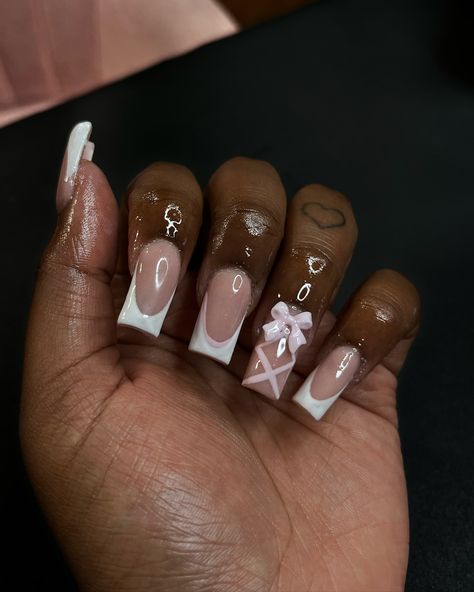 Classic French is the way 🎀 Follow @thebaddi3sclub for more 🩷 #classicfrenchnails #frenchtips #manchesternails #manchesteruninails #whitefrenchnails Short White French Tip Nails With Design, Black French Tip Nails With Charms, French Tip Nails Unique, White Medium Nails, Glossy French Tip Nails, White French Tip Nails With Design Ideas, Nails French Tip Color, Cute French Tip Nails Designs, Ballerina French Tip Nails