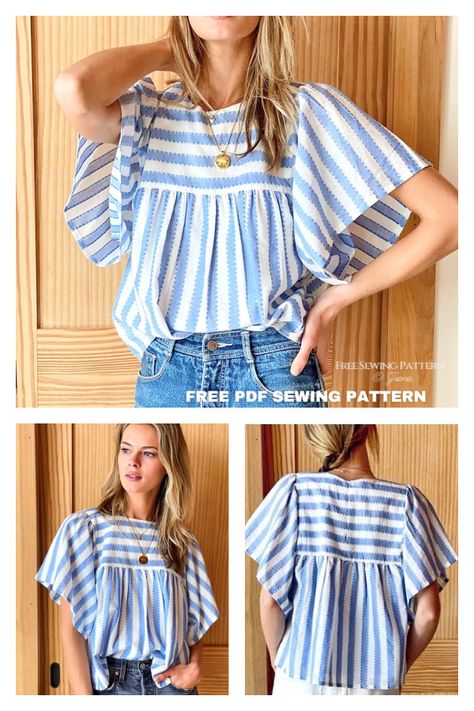 Basalie Flutter Sleeve Top Free Sewing Pattern Shirred Top Sewing Pattern, Best Sewing Patterns, Easy Top Sewing Pattern, Ruffle Top Pattern, Fabric Art Diy, Sewing Things, Free Sewing Patterns, Free Sewing Pattern, Free Pdf Sewing Patterns