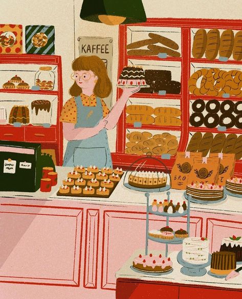 Whisk away into the art of baker illustration! Discover styles from vintage charm to modern sleekness, ideal for every bakery enthusiast and creative soul. Bakery Illustration Art, Bakery Illustration Drawings, Bakery Shop Drawing, Baker Drawing, Bakery Drawing, Colorful Bakery, Baker Illustration, Bakery Painting, Bakery Illustration