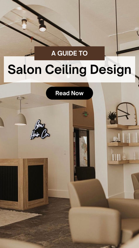 A salon space with high ceilings, dark beige salon chairs and a black reception desk. Salon Ceiling Design, Salon Suite Ideas Layout, Small Salon Suite Ideas Layout, Small Salon Suite Ideas, Small Salon, Minerva Beauty, Dream Salon, Wood Plank Ceiling, Hair Salon Design