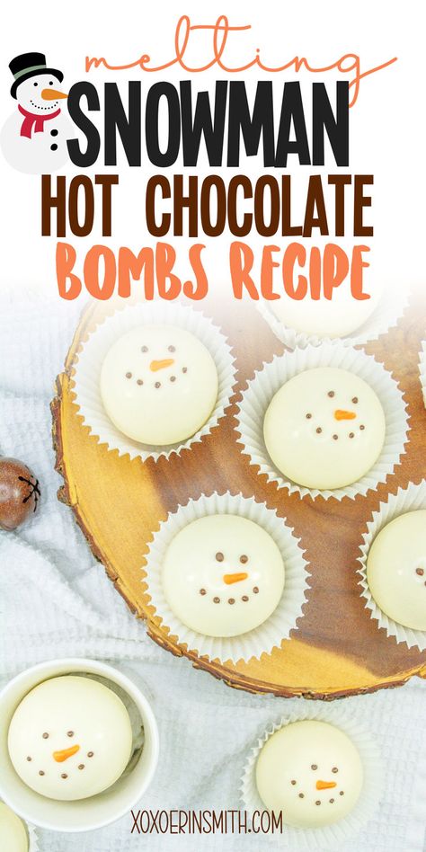 cute and easy melting snowman hot chocolate bombshell recipe to make. Winter Treat Ideas, Hot Chocolate Recipes Easy, Hot Chocolate Bombshell Recipe, Hot Chocolate Bombshell, Chocolate Bombshell, Christmas Treats Easy, Snowman Hot Chocolate, Holiday Themed Desserts, Easy Hot Chocolate