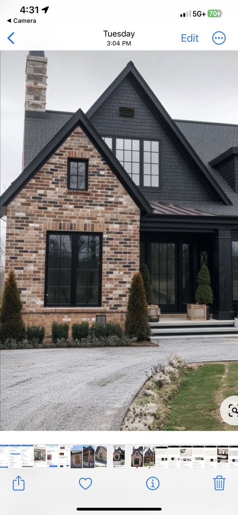 Dark Exterior With Brick, Black Exterior House With Brick, Dark Brick Homes Exterior, Black And Brown Exterior House, Dark Brown Home Exterior, Moody Home Exterior Colors, Black House With Brick, Brick And Black Exterior, Black Siding Exterior With Brick