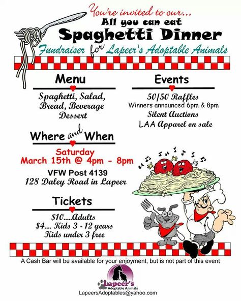 Spaghetti dinner fundraiser for Lapeer's Adoptables!! Saturday March 15  @ 4pm-8pm  Lapeer VFW   https://www.facebook.com/photo.php?fbid=599391320131691&set=a.274627135941446.60725.267166810020812&type=1&theater Spaghetti Feed Fundraiser, Spaghetti Dinner Fundraiser Ideas, Theater Fundraising Ideas, Spaghetti Fundraiser Ideas, Mini Thon Fundraising Ideas, Benefit Dinner Ideas Fundraising, Dinner Fundraiser Ideas, Community Fundraising Ideas, Spaghetti Fundraiser