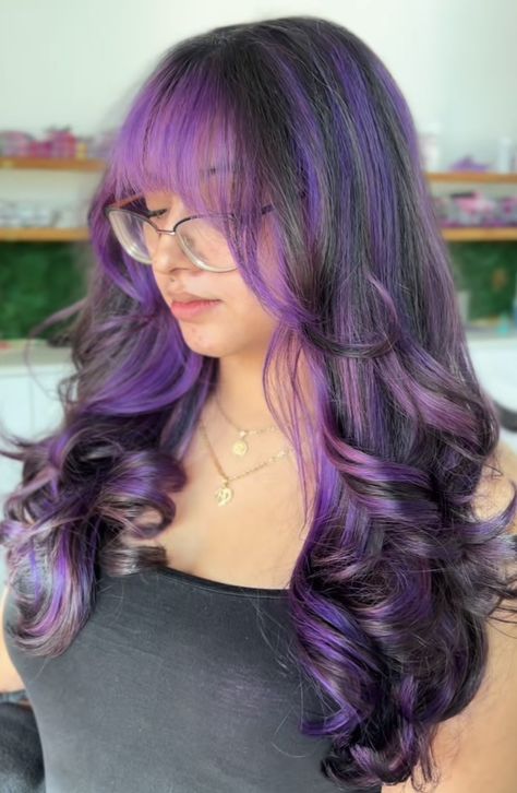 Purple Peek A Boo Hair, Purple Skunk Hair, Purple Chunky Highlights, Half Purple Hair, Lavender Hair Highlights, Purple Peekaboo Hair, Purple Hair Streaks, Chi Hair, Skunk Hair