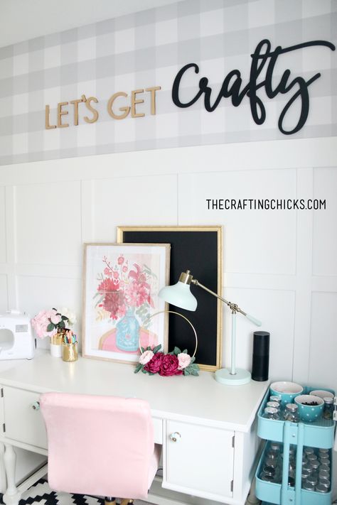 If you are looking for Craft Room Design inspiration, you've found it. With pops of color and fun floral touches, this is the craft room of my dreams. #craftroom #DIYcraftroom #craftroominspiration Craft Room Words Wall Decor, Accent Wall Craftroom, Pink And Teal Craft Room, Create Letters For Craft Room, Craft Room Wallpaper Ideas, Blush Pink Craft Room, Craft Room Color Ideas Paint, Craft Room Wallpaper, Craft Room Paint Colors Inspiration