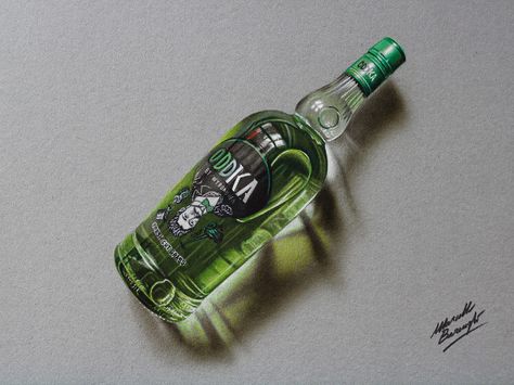 Time-Lapse Video of Italian Artist Marcello Barenghi Creating a Photorealistic Illustration of an Oddka Vodka Bottle Marcello Barenghi, 3d Drawing Tutorial, Photorealistic Drawings, Hyperrealistic Art, Bottle Drawing, Realistic Drawing, Drawing Tutorials For Beginners, Colossal Art, Green Bottle