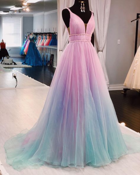 Jewel's Formals on Instagram: “All the magical vibes with this unique gown! Sherri Power at its finest ladies! 💜💖💙” Blue And Pink Dress Gowns, Multi Colour Gown, Multi Colour Gown Design, Unique Ball Gowns, Pastel Rainbow Prom Dress, Pastel Rainbow Gown, Rainbow Wedding Dress, Pink And Blue Dress, Trendy Prom Dresses