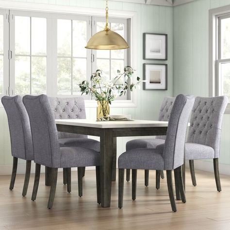 Ophelia & Co. Lacluta 6 - Person Dining Set & Reviews | Wayfair Dinning Tabletop Decor Modern, Dinning Tabletop Decor Ideas, Dinning Tabletop Decor, Gray Dining Room Table, Dining Room Decor Elegant, Grey Dining Chairs, Latest Sofa, Dining Area Design, Dnevna Soba