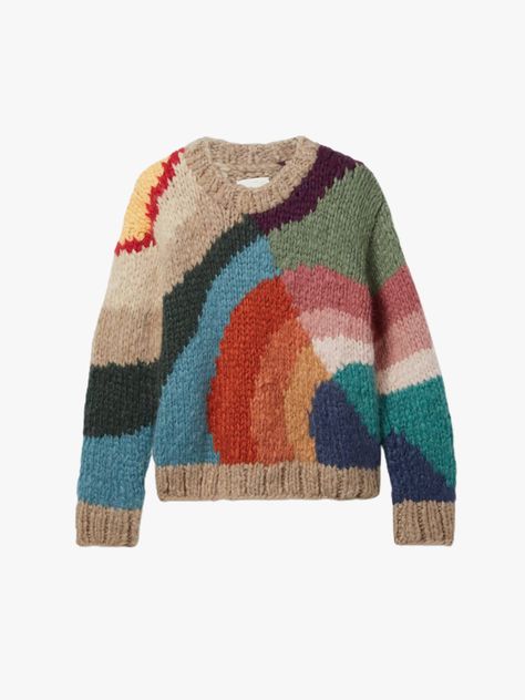 Three Color Knitting Patterns, Intarsia Knit Sweater, Quirky Sweaters, Colorful Knitted Sweaters, Cute Knitted Sweaters, Colorful Sweater Outfit, Knitted Sweater Outfit, Funky Sweaters, Chromatic Color