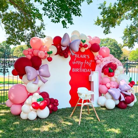 Balloons, bows, and cherries galore! 🍒🎈 Celebrating this little one’s first year with a setup as sweet as she is. She really is the cherry on top!✨🎀 She’s The Cherry On Top Theme, Cherry Birthday Party Theme, Team Party, Cherry On Top, Theme Ideas, 21st Birthday, First Year, Birthday Party Themes, Little One