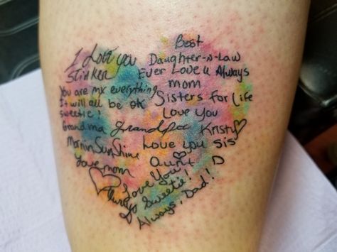 Hand written tattoo #heartshape #handwritten #colortattoo #tattoo Handwriting Heart Tattoo, Family Handwriting Tattoo Ideas, Hand Writing Tattoo Memorial, Handwritten Tattoo Ideas, Kids Handwriting Tattoo, Handwriting Tattoo Ideas, Parents Handwriting Tattoo, Hand Written Tattoos, Handwritten Tattoo