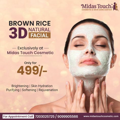 Exclusively at Midas Touch Cosmetic Brown Rice 3D Natural Facial Only at Rs. 499*/-  It’s helpful for skin brightening, skin hydration, Purifying, softening and rejuvenation.   #BrownRiceFacial #BrownRice3DFacial #SkinCare #MidasTouchCosmetic Viking Hairstyles Male, African Wedding Hairstyles, Shaved Head With Beard, Jennifer Lopez Hair, Skin Care Center, Makeup Brushes Guide, Insta Highlights, Midas Touch, Brightening Skin