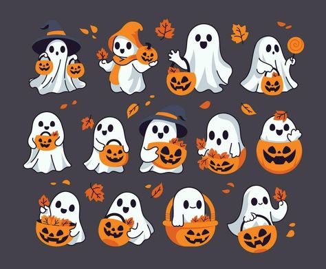 Cute Ghost Holding Pumpkin Basket Autumn Vector Illustration Set Ghost Illustration Cute, Halloween Illustration Cute, Cute Ghost Holding Pumpkin, Halloween Illustration Art, Cute Halloween Illustration, Cute Ghost Illustration, Cute Ghost Art, Ghost Holding Pumpkin, Autumn Vector