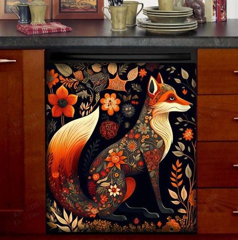 Fox And Flowers, Dishwasher Magnet Cover, Dishwasher Cover, Rooster Kitchen, Dishwasher Magnet, Chinoiserie Wallpaper, Clean Dishwasher, Kitchen Decor Items, Flower Wall