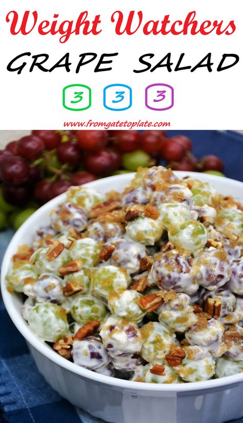 Grape Salad - From Gate To Plate Low Carb Grape Salad, Healthy Grape Salad Recipe, Keto Grape Salad, Ww Salad Recipes, Low Calorie Fruit Salad, Healthy Grape Salad, Grape Delight, Sonoma Diet, Ww Appetizers