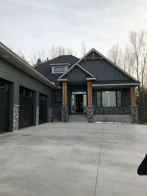 Dark Gray Mountain House Exterior, Charcoal And Wood Exterior, Charcoal Gray Brick House Exterior, Charcoal Grey House Exterior Black Trim, Charcoal Home Exterior, Dark Grey Exterior House Colors, Charcoal Gray House Exterior, Dark Grey House Exterior, Dark Gray House Exterior