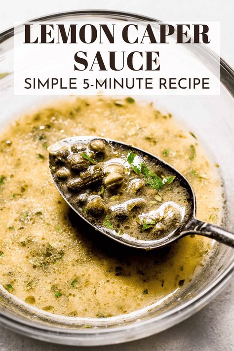 This easy 6-ingredient lemon caper sauce has a delicious dimension of flavors and a velvety richness, making it the perfect match for fish, shrimp, chicken, and more! Ready in just 5 minutes, it’s a simple go-to sauce that always upgrades your weeknight dinner. // pasta // ravioli Lemon Caper Buerre Blanc Sauce, Caper Sauce For Salmon, Pasta Ravioli, Capers Recipe, Lemon Caper Sauce, Caper Sauce, Dinner Pasta, Homemade Sauce Recipes, Lemon Sauce