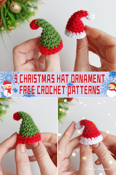 9 Christmas Hat Ornament Crochet Patterns - FREE - iGOODideas.com Crochet Santa Hat Ornament Free Pattern, Mini Santa Hat Crochet Pattern, Mini Crochet Santa Hat, Mini Crochet Santa Hat Free Pattern, Free Santa Crochet Patterns, Crochet Mini Christmas Hat, Mini Santa Hat Crochet, Crochet Mini Santa Hat Free Pattern, Crochet Santa Hat Ornament