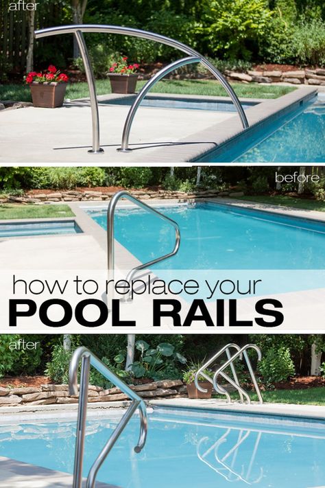 How To Easily Change Pool Ladders & Handrails Pool Rails Inground, Pool Handrail Ideas, Pool Steps Inground, Swimming Pool Decor, Bahama House, Pool Handrail, Pool Ladders, Pool Rails, Build Your Own Pool