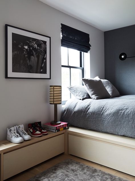 A Modern Platform Bed Gives This Teen’s Room Extra Storage (and an Elevated Look) Elizabeth Roberts, Athena Calderone, Teen Boy Room, Beat Generation, Modern Platform Bed, Cobble Hill, Jack Kerouac, Jules Verne, Teenage Bedroom