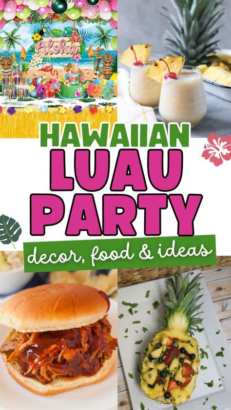 Hawaiian luau party ideas, food, drinks, decorations, invitations Hawaiin Party Ideas Food, Ohana Party Ideas, Tiki Luau Party Ideas, Hawaii 5 0 Party Birthday, Loua Party, Adult Luau Party Ideas, Hawaii Theme Party Decorations, Hawaiin Party Ideas, Hawaii Party Ideas